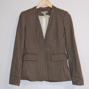 H&M Collarless Fitted Blazer, Black & Brown Check, Lined, US 4, EUC